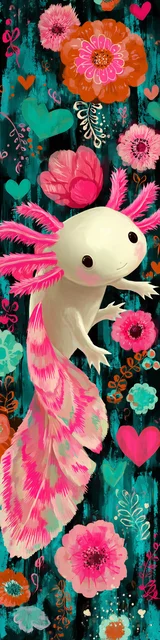 Free kawaii axolotl bookmark featuring a swimming pink and white kawaii axolotl